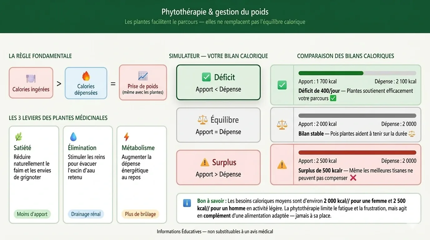 Infographie : Phytothérapie pour maigrir Une infographie éducative complète sur la phytothérapie pour maigrir, expliquant les mechanisms de satiété, d'élimination et de métabolisme. Elle présente un simulateur de bilan calorique et compare le déficit, l'équilibre et le surplus pour aider à la gestion du poids.