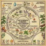 Infographie pédagogique présentant les plantes pour crise d'angoisse à action rapide, comme la passiflore et la valériane, avec des conseils sur le déblocage respiratoire et la gestion des symptômes physiques.