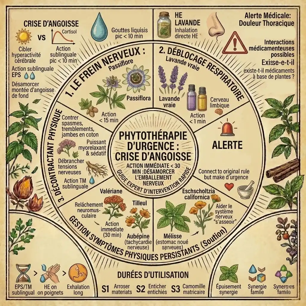 Infographie pédagogique présentant les plantes pour crise d'angoisse à action rapide, comme la passiflore et la valériane, avec des conseils sur le déblocage respiratoire et la gestion des symptômes physiques.
