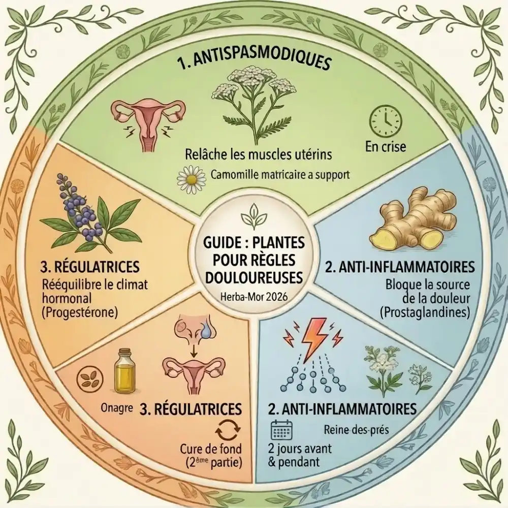 Infographie expliquant quelle plante utiliser pour les règles douloureuses selon 3 actions : antispasmodique, anti-inflammatoire et régulatrice.