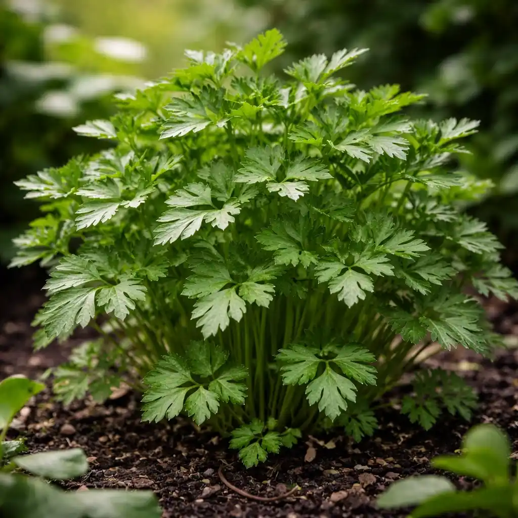 persil plat frais (Petroselinum crispum) cultivé en pleine terre avec feuilles vertes aromatiques