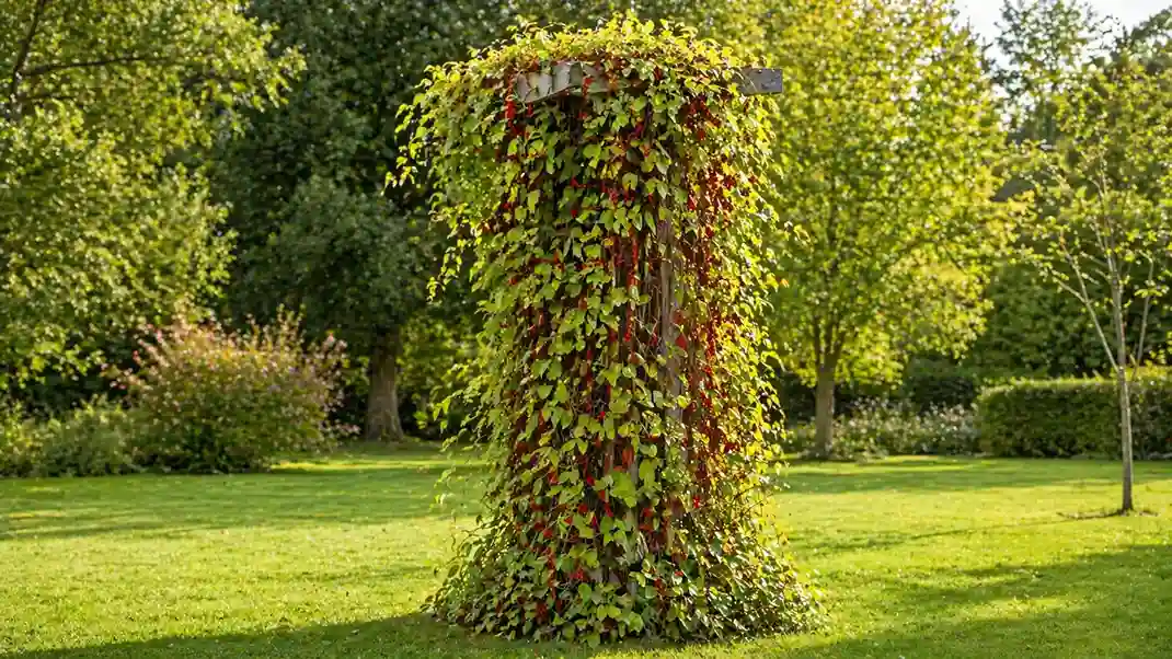 Schisandra chinensis : plante grimpante médicinale aux baies rouges adaptogènes Schisandra chinensis grimpant sur son support avec feuillage vert et baies rouges — la baie aux 5 saveurs