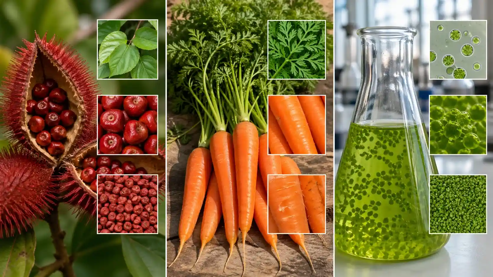 Comparaison visuelle : Urucum, Carotte et Dunaliella salina — sources de caroténoïdes Comparaison botanique des sources de caroténoïdes : capsule épineuse d'urucum (Bixa orellana) ouverte avec graines rouges, carottes fraîches (Daucus carota) avec feuillage, et microalgue Dunaliella salina en fiole de laboratoire — pigments et structures comparés.