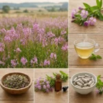 Plante d'épilobe (Epilobium parviflorum) en fleurs et ses différentes préparations médicinales : tisane, parties aériennes séchées, teinture mère et gélules pour le confort de la prostate.