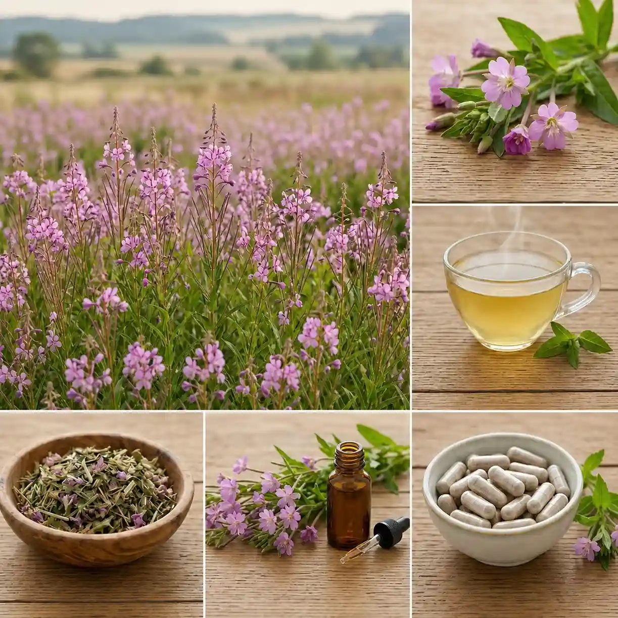 Plante d'épilobe (Epilobium parviflorum) en fleurs et ses différentes préparations médicinales : tisane, parties aériennes séchées, teinture mère et gélules pour le confort de la prostate.