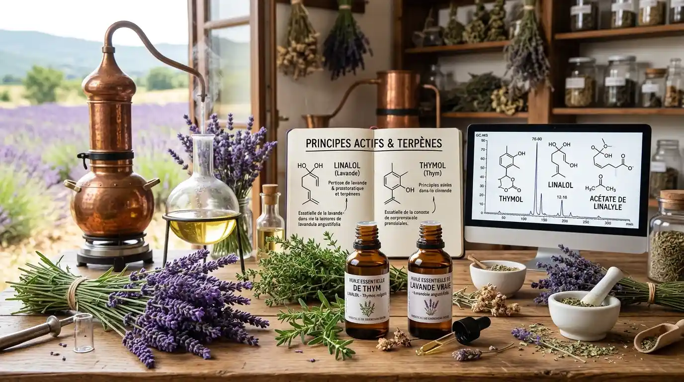 Les huiles essentielles : principes actifs volatils des plantes aromatiques huiles essentielles terpènes principes actifs plantes médicinales thym lavande