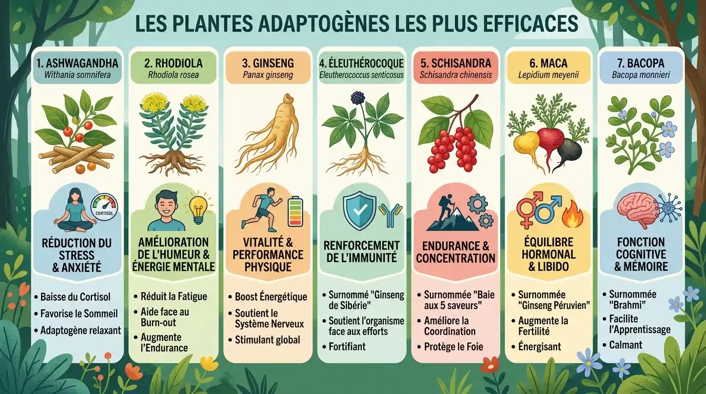 Les meilleures plantes adaptogènes classées par profil et action biologique Les plantes adaptogènes les plus efficaces : ashwagandha, rhodiola, ginseng, éleuthérocoque, schisandra, maca, bacopa
