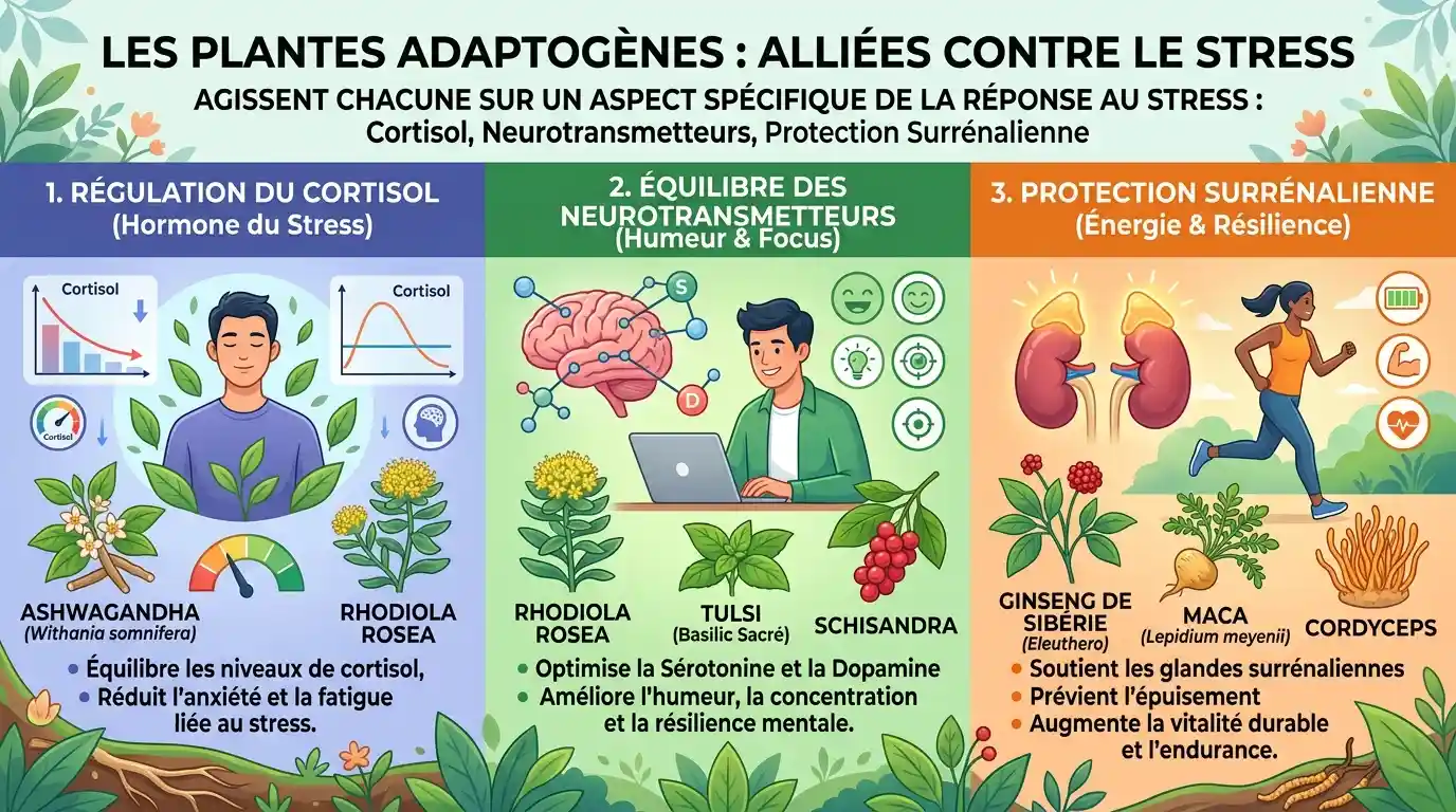 Les meilleures plantes adaptogènes pour le stress et l'anxiété Plantes adaptogènes pour le stress : rhodiola, ashwagandha et schisandra pour réguler le cortisol et améliorer la résistance au stress chronique