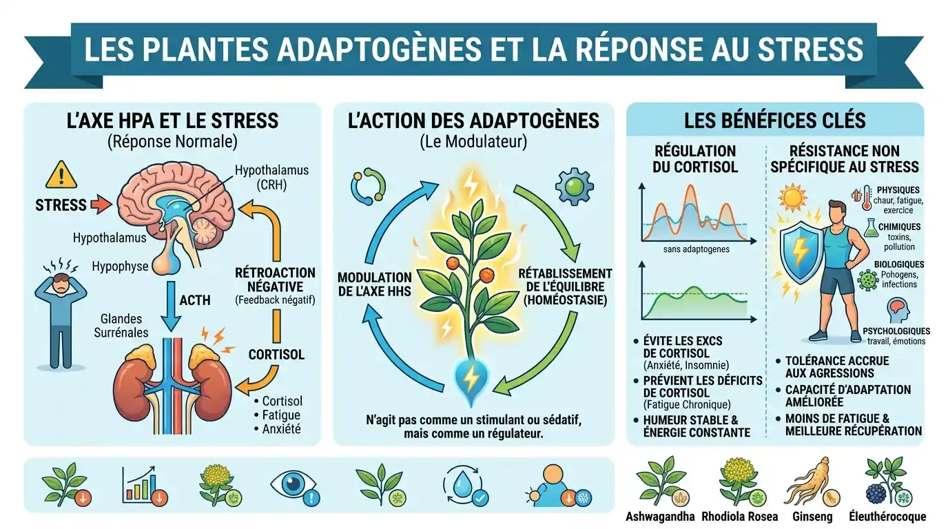 C'est quoi une plante adaptogène : mécanismes biologiques et axe HPA Schéma expliquant ce qu'est une plante adaptogène : action sur l'axe HPA, régulation du cortisol et résistance non spécifique au stress