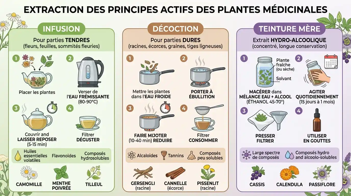 L'extraction des principes actifs : infusion, décoction, macération et teinture mère extraction des principes actifs plantes médicinales infusion décoction teinture mère