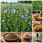 Collage botanique du lin médicinal (Linum usitatissimum) avec fleurs bleues, graines de lin, huile de lin, infusion et préparations phytothérapeutiques