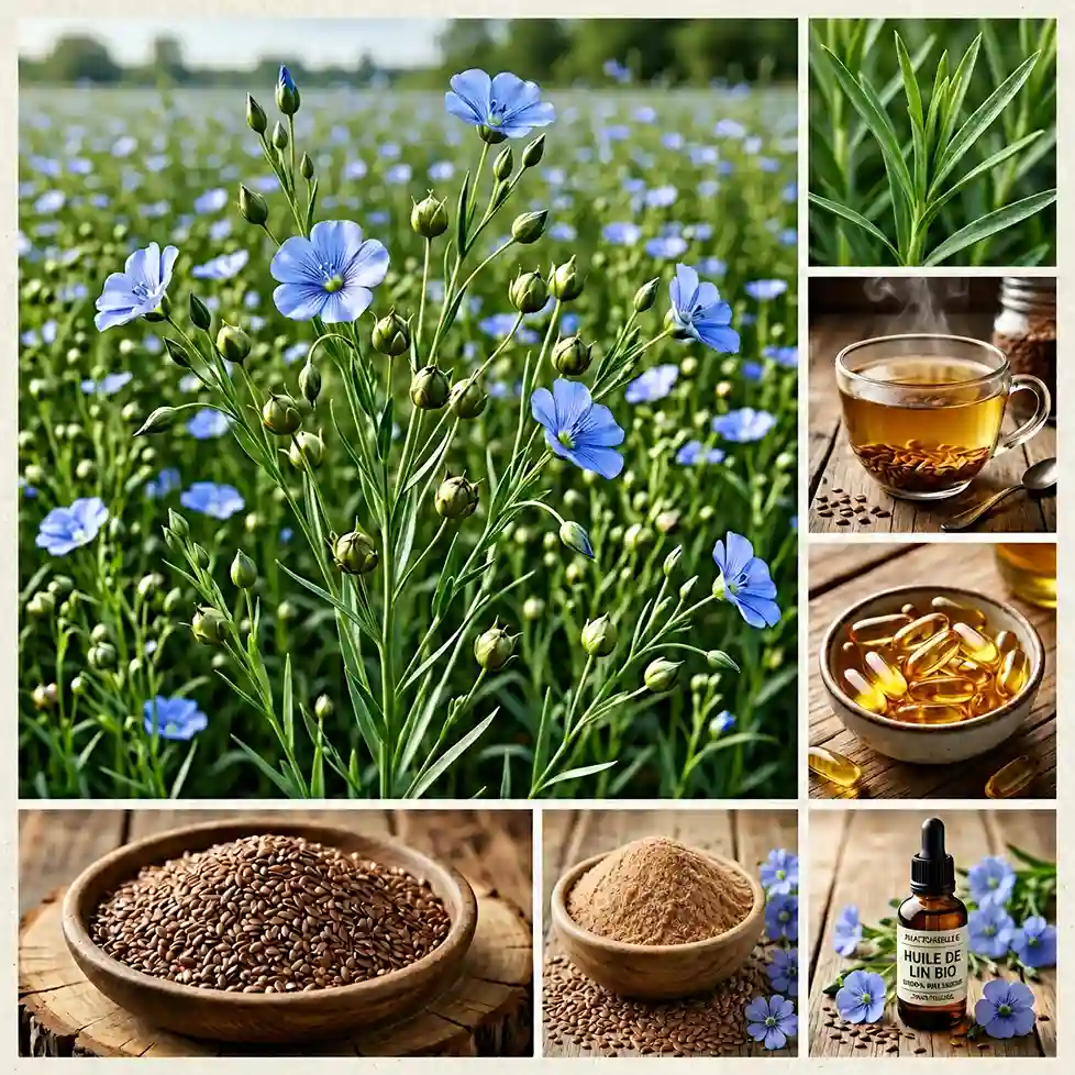 Collage botanique du lin médicinal (Linum usitatissimum) avec fleurs bleues, graines de lin, huile de lin, infusion et préparations phytothérapeutiques