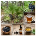 Un collage de six images sur fond de bois montrant le palmier nain (Serenoa repens). Il comprend des vues de la plante en milieu naturel avec ses baies, un gros plan de feuilles et de fruits, une tasse d'infusion, un bol de baies séchées, un flacon d'extrait fluide étiqueté et un bol de gélules et de capsules d'huile.