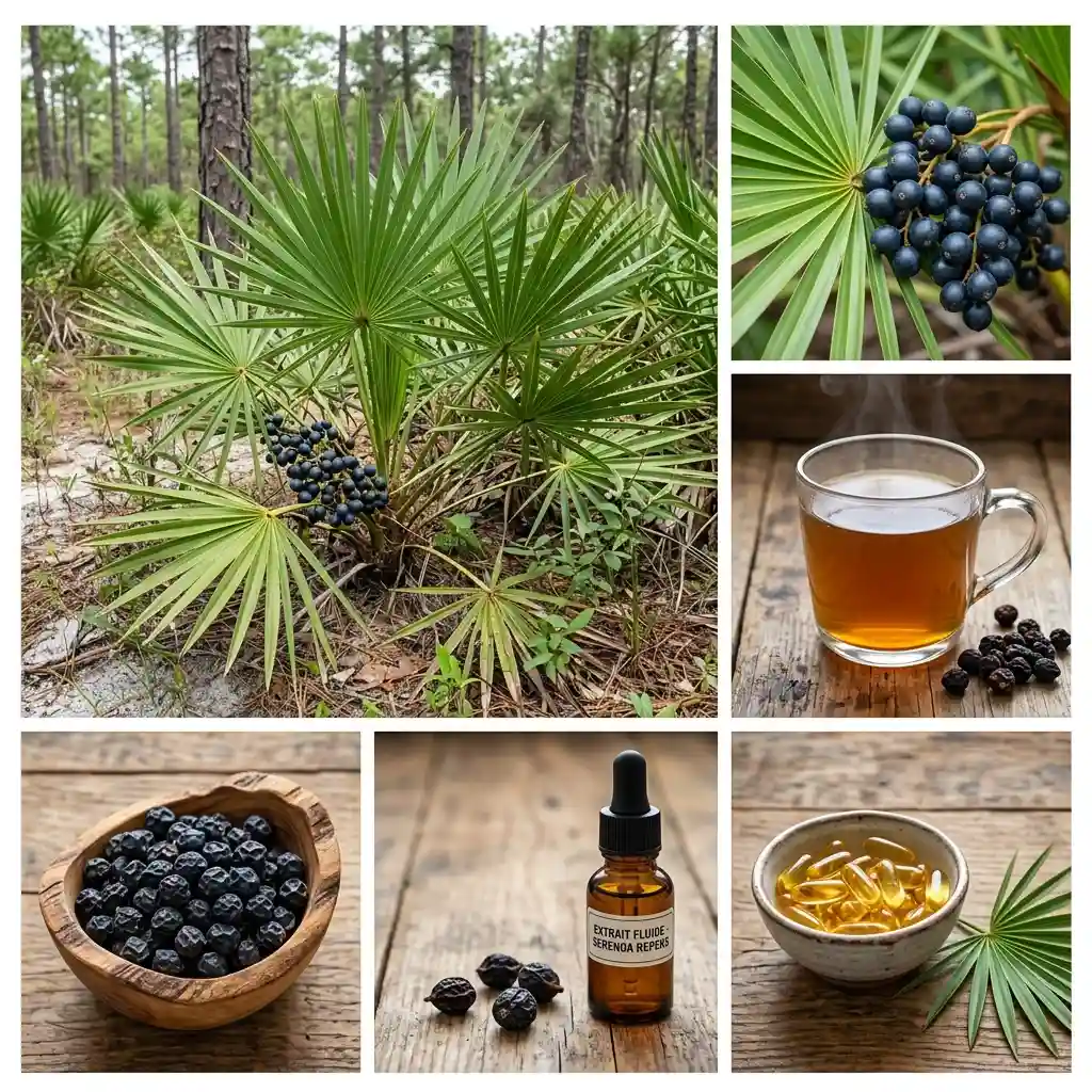 Un collage de six images sur fond de bois montrant le palmier nain (Serenoa repens). Il comprend des vues de la plante en milieu naturel avec ses baies, un gros plan de feuilles et de fruits, une tasse d'infusion, un bol de baies séchées, un flacon d'extrait fluide étiqueté et un bol de gélules et de capsules d'huile.