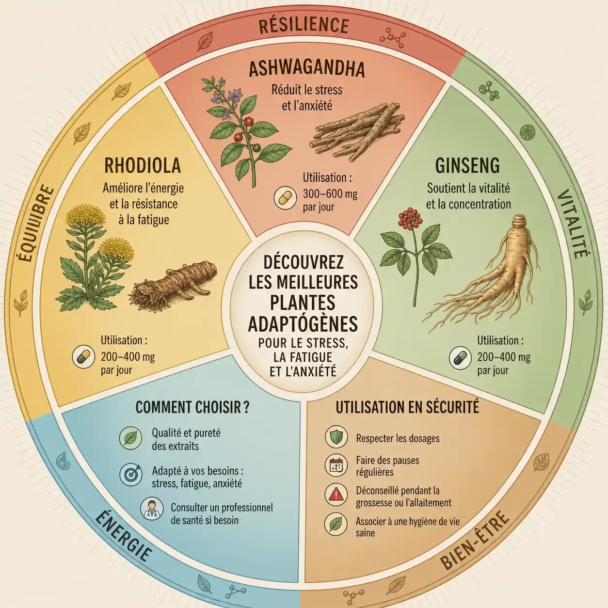 plantes adaptogènes : ashwagandha, rhodiola et ginseng, avec leurs bienfaits, dosages recommandés et conseils d'utilisation pour le stress, l'anxiété, la fatigue et la vitalité.