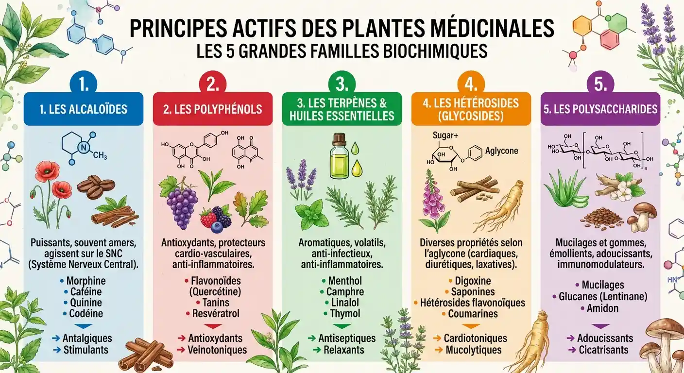 Principes actifs des plantes médicinales : les 5 grandes familles biochimiques principes actifs des plantes médicinales classification alcaloïdes tanins flavonoïdes