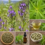Verveine officinale (Verbena officinalis) en fleurs avec feuilles dentées, infusion, feuilles séchées, teinture-mère et gélules
