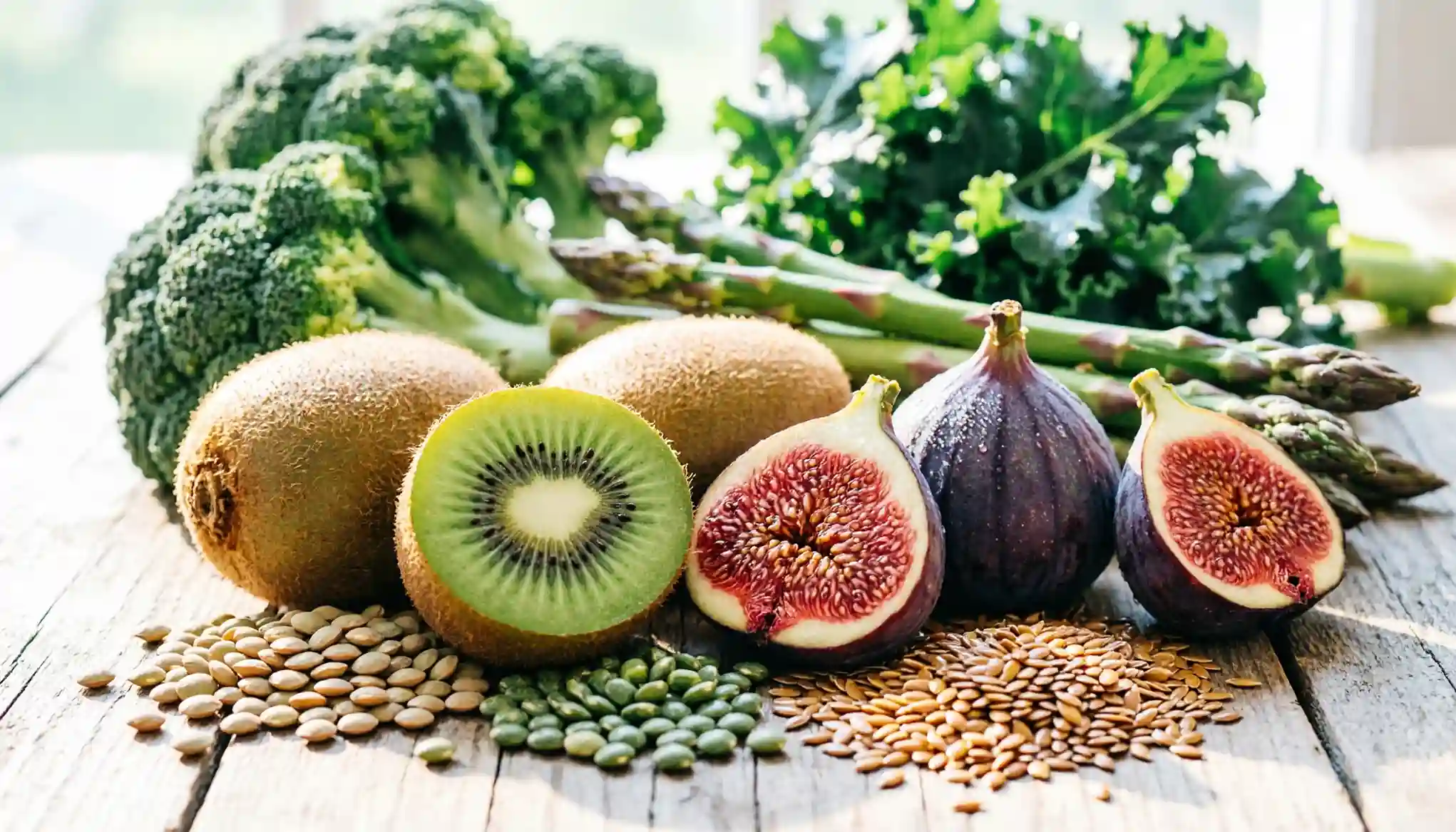 Alimentation contre la constipation — aliments à privilégier Aliments riches en fibres contre la constipation : kiwis, figues, lentilles, graines de lin et légumes verts