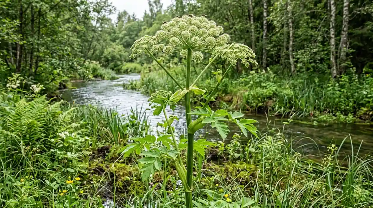 Angélique Angelica archangelica — bienfaits digestion, racine, huile essentielle et précautions Angélique officinale (Angelica archangelica) : grande plante à tige verte creuse portant une large ombelle de fleurs blanc-verdâtre — plante médicinale des milieux humides et frais