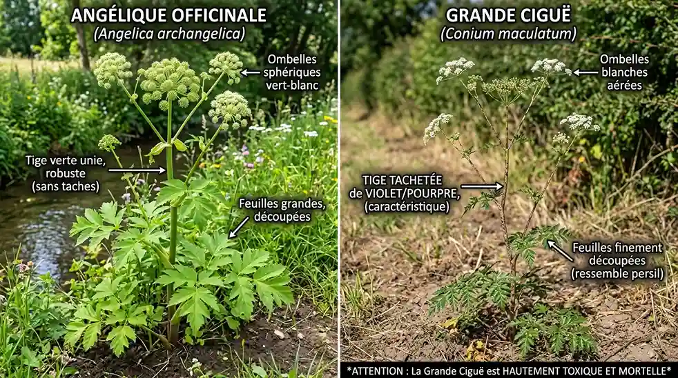 Angélique vs grande ciguë — critères d'identification pour éviter la confusion toxique Comparaison botanique entre l'angélique officinale (tige verte unie) et la grande ciguë (Conium maculatum, tige tachetée de violet) — deux Apiacées à ne pas confondre