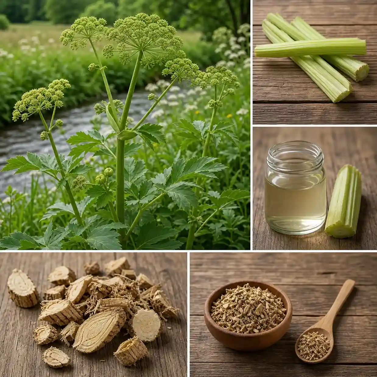 Angélique officinale (Angelica archangelica) : plante en fleurs au bord de l'eau, tiges fraîches coupées, extrait liquide, racine séchée en rondelles et poudre de racine en bol