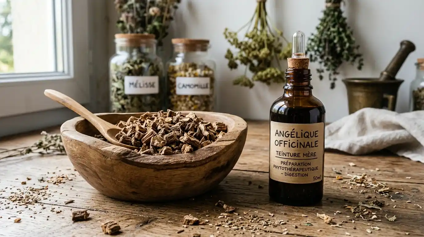 Angélique racine séchée et teinture mère — formes galéniques et dosage pour la digestion Racine séchée d'angélique officinale concassée dans un bol en bois et flacon de teinture mère — préparation phytothérapeutique pour la digestion