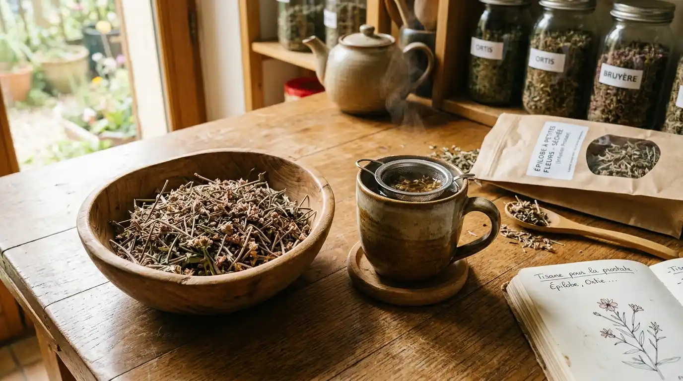 Épilobe tisane : préparation et posologie pour la prostate et les voies urinaires Plante sèche d'épilobe à petites fleurs dans un bol en bois et tasse de tisane : préparation d'une infusion médicinale pour les troubles prostatiques