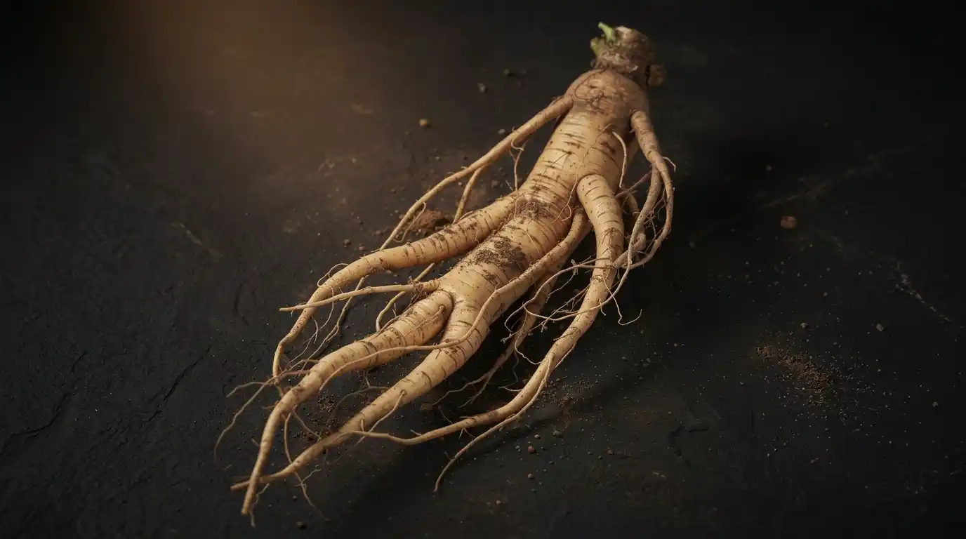 Ginseng asiatique Panax ginseng — bienfaits, ginsénosides et propriétés adaptogènes Racine de ginseng asiatique (Panax ginseng) récoltée après six ans de croissance — surface ridée et ramifiée caractéristique de la racine médicinale
