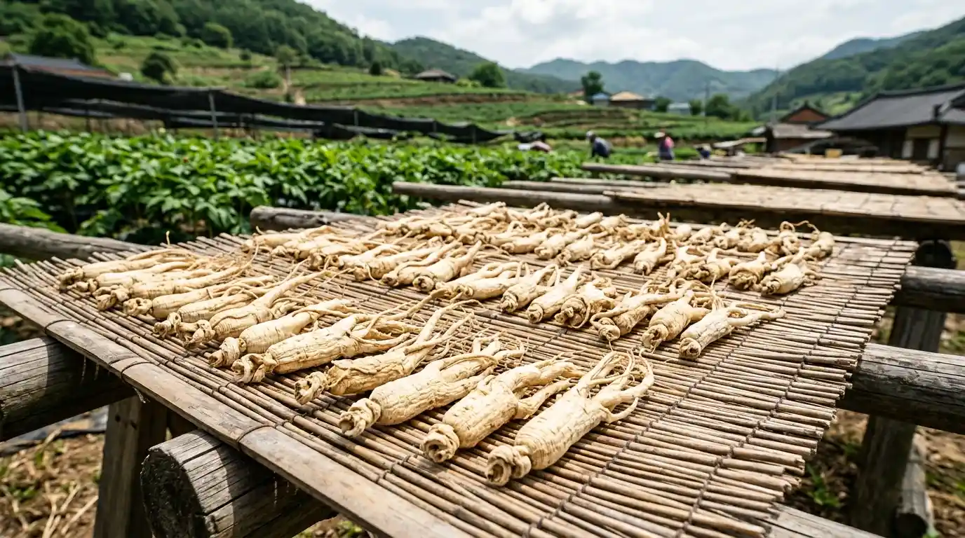 Ginseng blanc Panax ginseng — séchage naturel, ginsénosides Rb1 et Rg1, cure longue durée Racine de ginseng blanc (Panax ginseng) séchée au soleil — couleur ivoire caractéristique de la racine non transformée