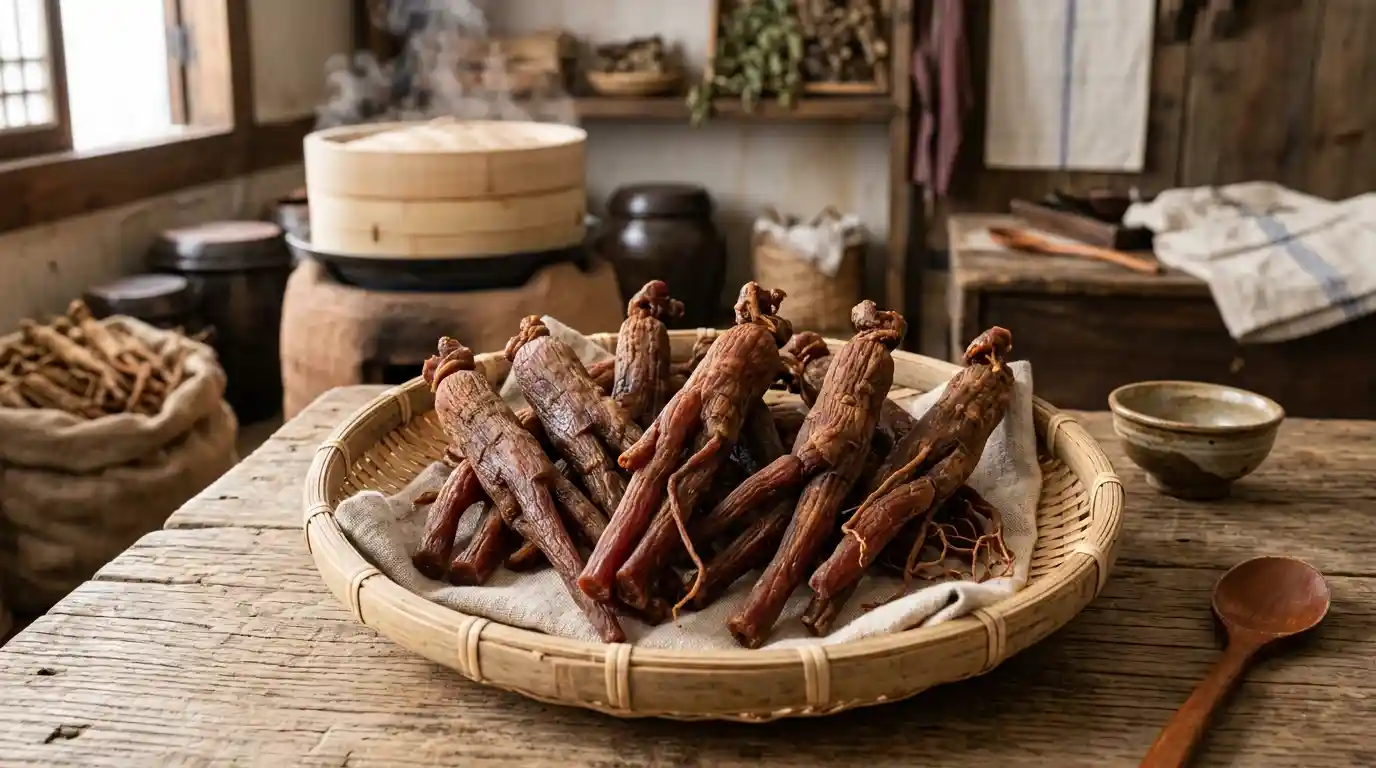 Ginseng rouge Panax ginseng — étuvage à la vapeur, ginsénosides Rg3 et Rh2, effets stimulants Racine de ginseng rouge (Panax ginseng) étuvée à la vapeur — couleur brun-rouge caractéristique de la transformation thermique