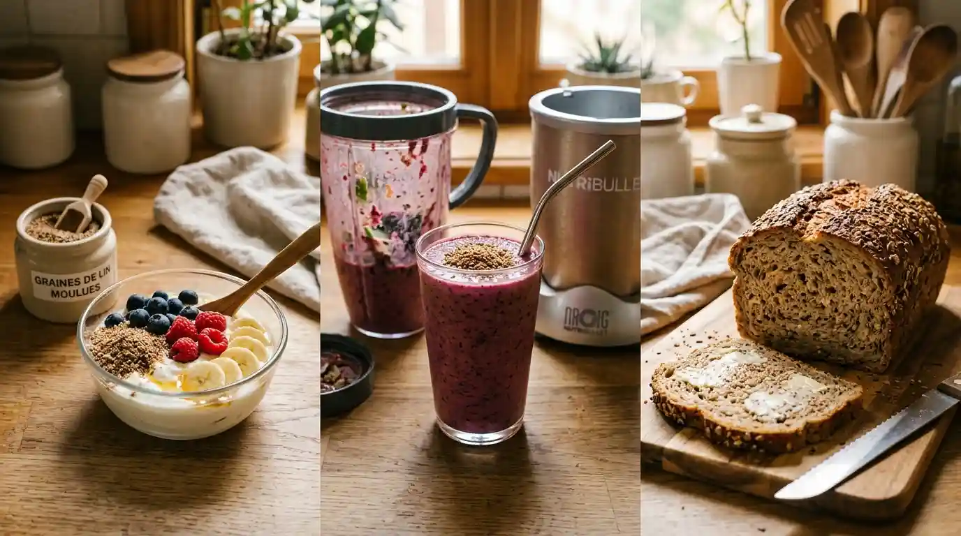 Graines de lin — intégration phytothérapeutique dans l'alimentation quotidienne Intégration des graines de lin moulues dans un yaourt, un smoothie et du pain complet maison