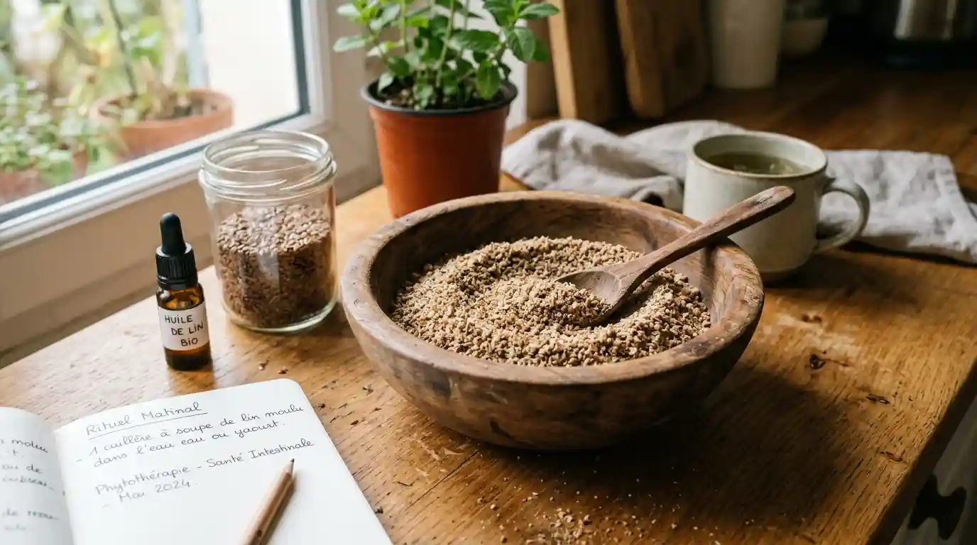 Graines de lin moulues — phytothérapie pratique Graines de lin moulues dans un bol en bois — utilisation phytothérapeutique quotidienne