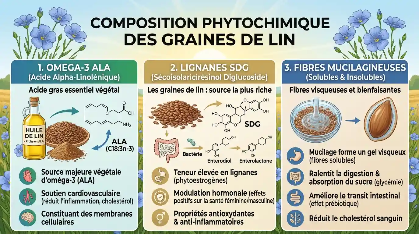 Graines de lin — principes actifs en phytothérapie Composition phytochimique des graines de lin : oméga-3 ALA, lignanes SDG et fibres mucilagineux