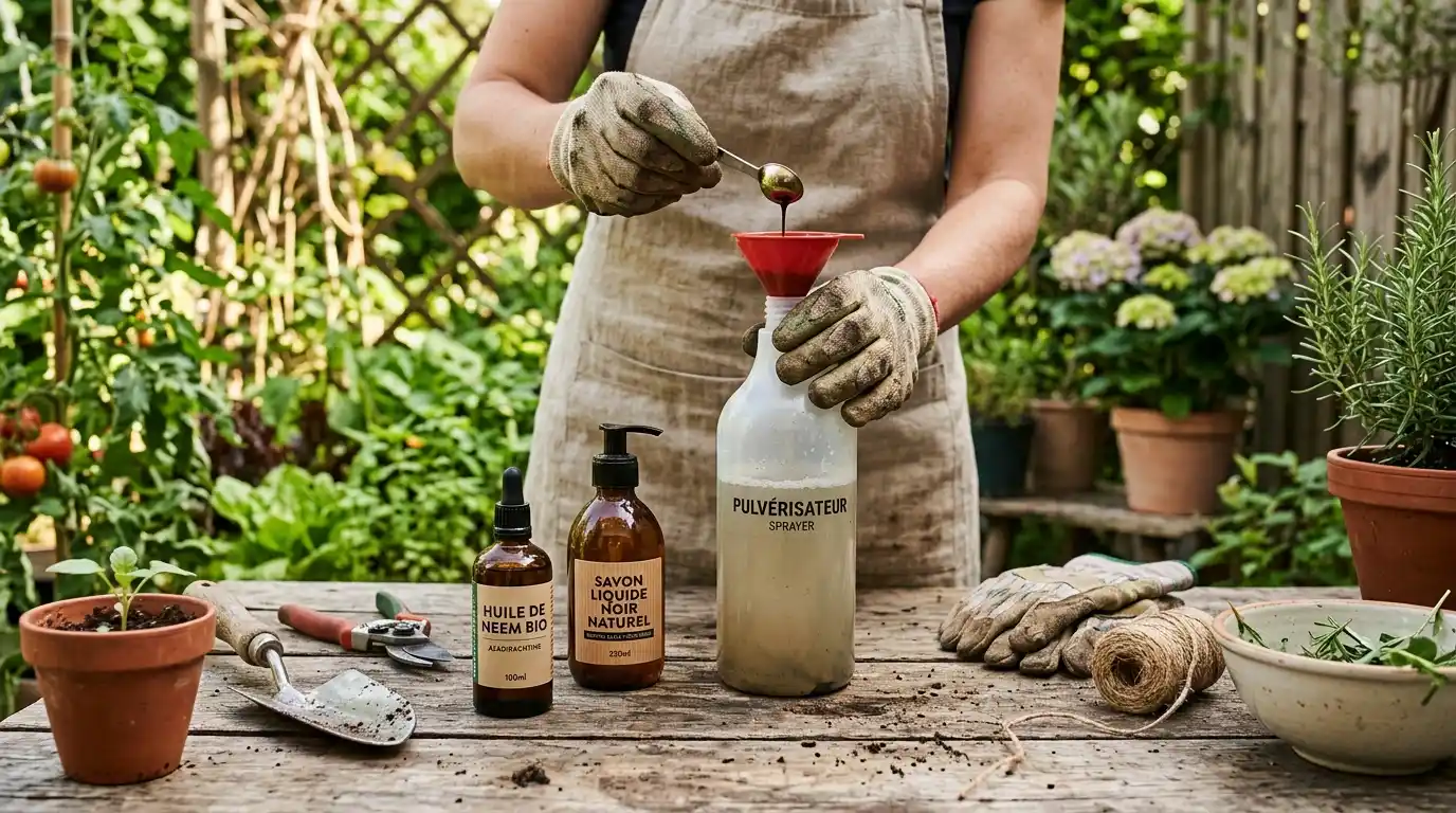 Huile de neem insecticide naturel — préparation et utilisation sur les plantes Préparation d'un spray insecticide à base d'huile de neem : flacon pulvérisateur, huile de neem et savon liquide sur une table de jardinage