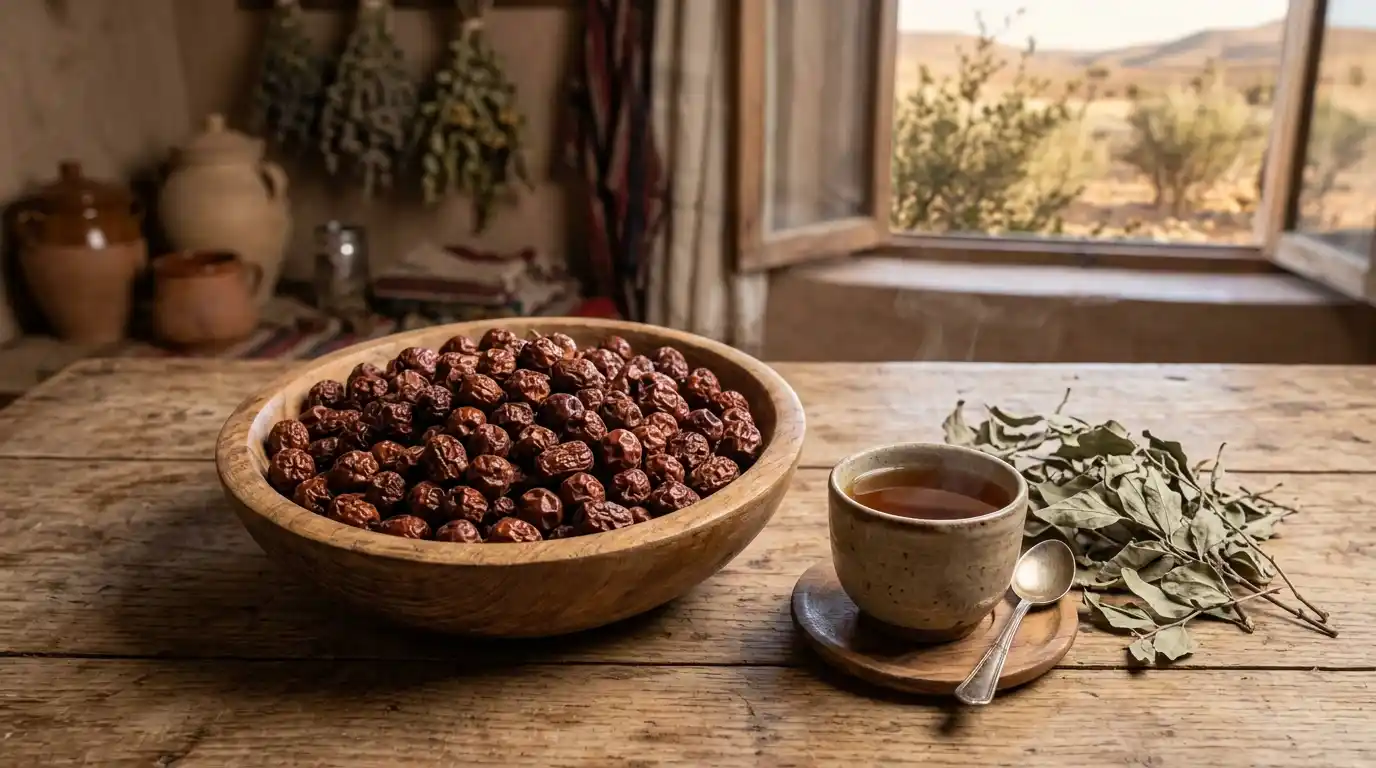 Jujubier sauvage fruits séchés, feuilles et décoction — formes médicinales de Ziziphus lotus Jujubes sauvages séchés de Ziziphus lotus dans un bol en bois, feuilles séchées et décoction en tasse — formes médicinales du jujubier sauvage nord-africain