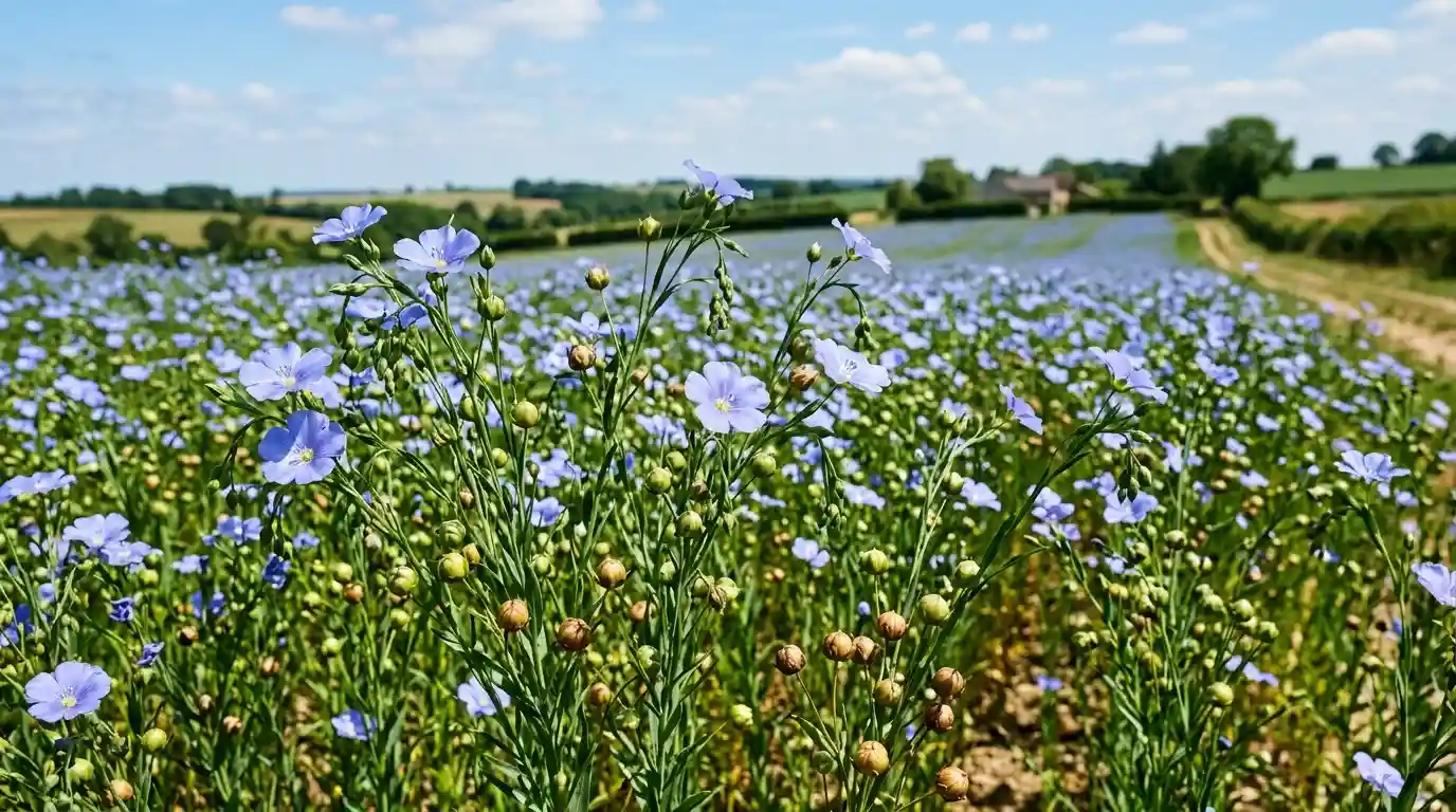 Lin cultivé — Linum usitatissimum — plante médicinale Lin cultivé (Linum usitatissimum) en fleur, avec ses fleurs bleues caractéristiques et ses capsules contenant les graines de lin