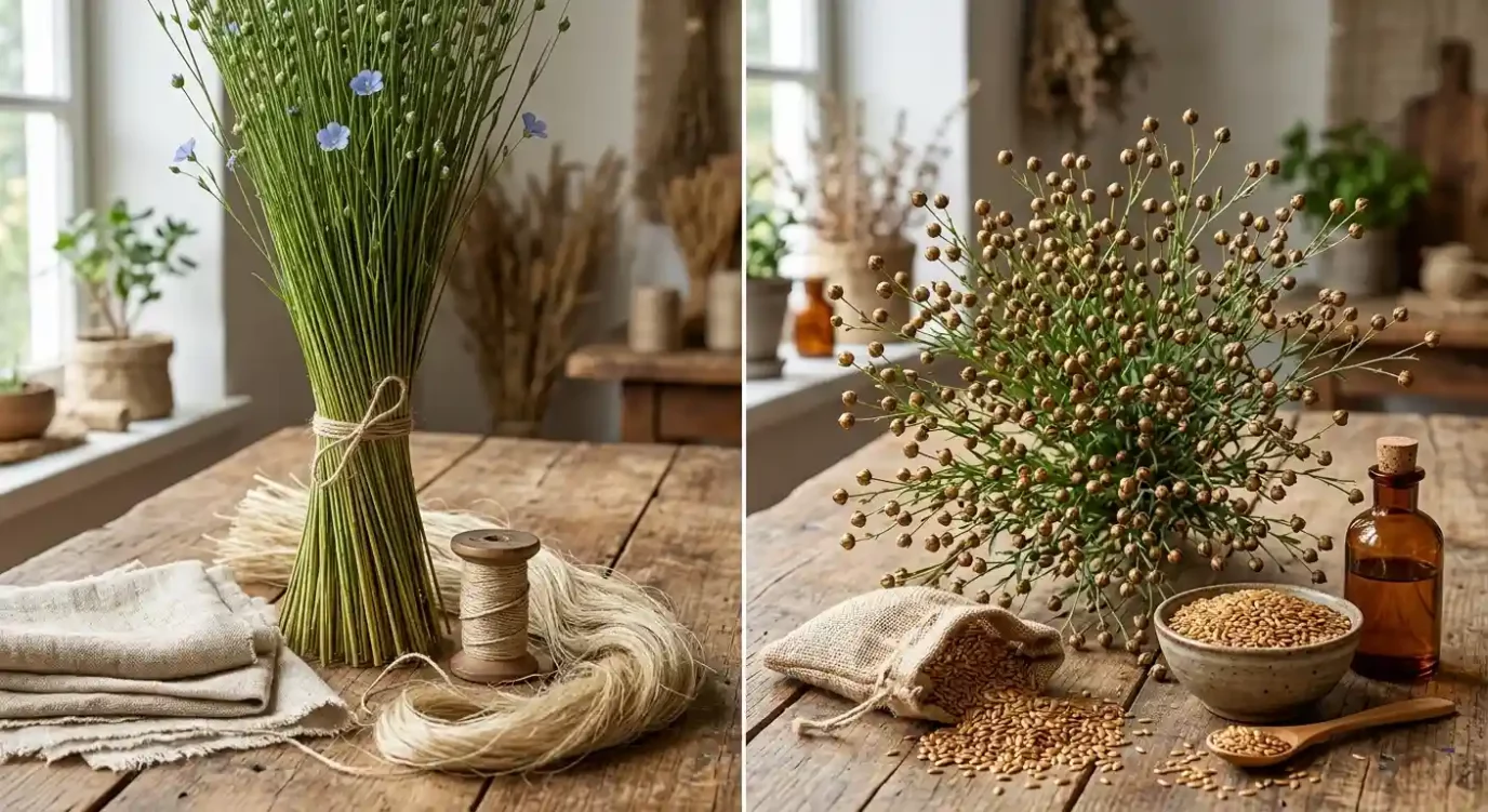 Lin textile vs lin oléagineux — Linum usitatissimum — deux usages distincts Comparaison entre le lin textile à gauche (tiges droites, fibres, tissu, bobine de fil) et le lin oléagineux à droite (capsules brunes, graines dorées, huile en flacon ambré) sur fond de bois naturel