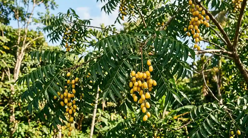 Margousier Azadirachta indica — bienfaits, huile de neem et usages médicinaux Neem (Azadirachta indica) : branches portant des feuilles pennées vert foncé et des fruits jaunes ovales — arbre médicinal tropical connu sous le nom de Margousier