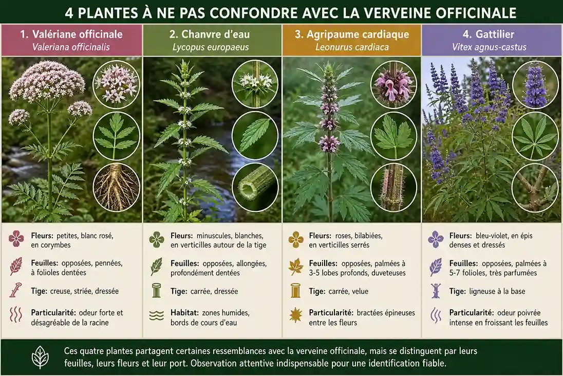 4 plantes à ne pas confondre avec la verveine officinale — guide visuel 4 plantes à ne pas confondre avec la verveine officinale : Valériane officinale, Chanvre d'eau (Lycopus europaeus), Agripaume cardiaque et Gattilier — guide visuel d'identification botanique