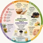 Infographie sur les remèdes naturels pour la constipation : psyllium, pruneaux, gingembre, tisanes, probiotiques, massage abdominal et conseils pour améliorer le transit intestinal naturellement.