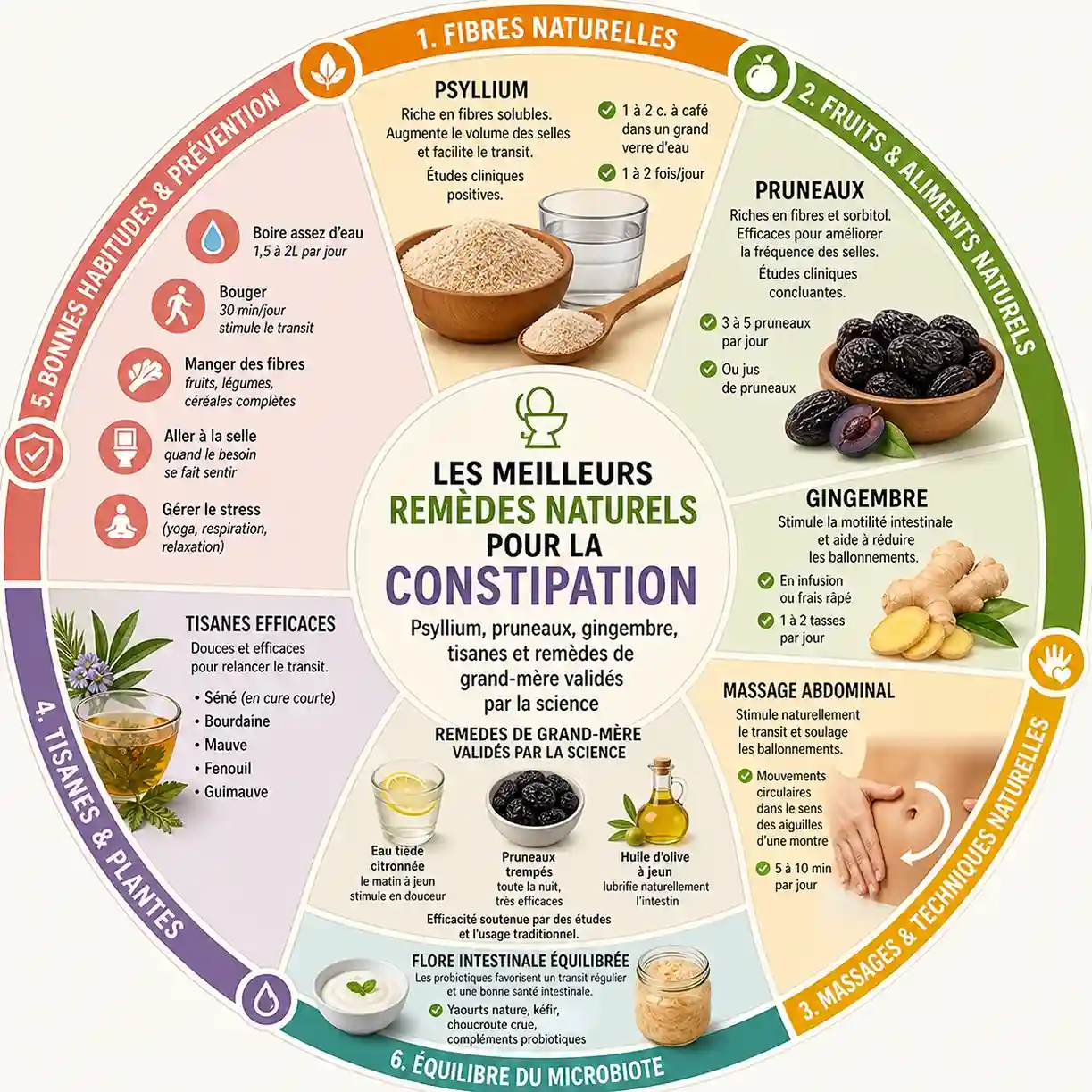 Infographie sur les remèdes naturels pour la constipation : psyllium, pruneaux, gingembre, tisanes, probiotiques, massage abdominal et conseils pour améliorer le transit intestinal naturellement.