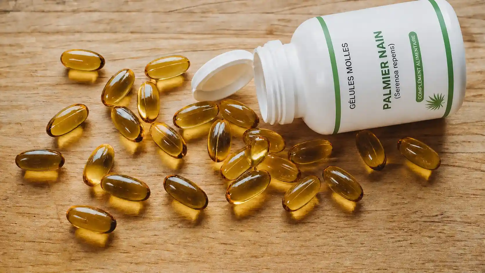 Palmier nain extrait lipidique : dosage et posologie pour prostate et alopécie Gélules molles d'extrait lipidique de palmier nain (Serenoa repens) à 160 mg posées sur une surface en bois naturel, complément alimentaire prostate