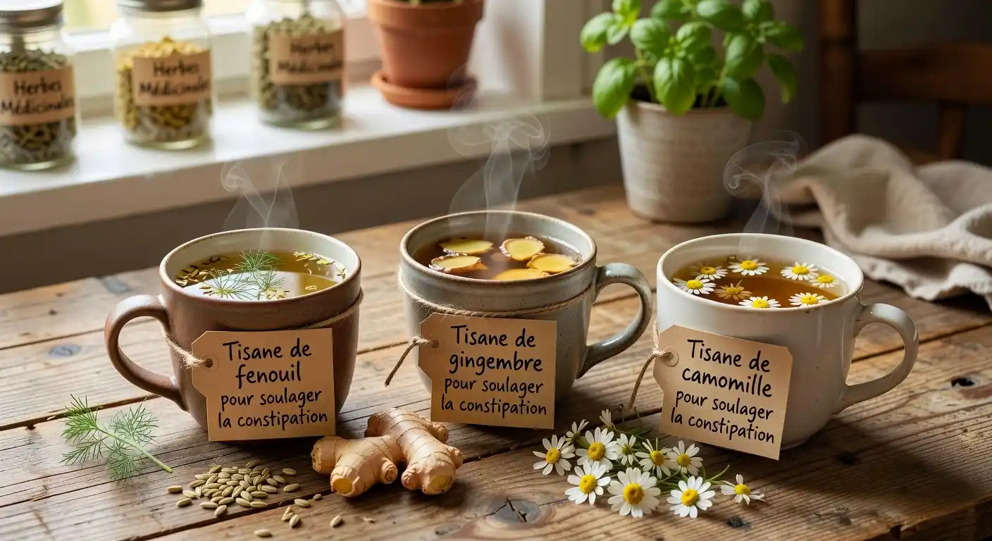 Tisanes pour la constipation — recettes naturelles à base de plantes Tasses de tisanes de plantes médicinales pour soulager la constipation : fenouil, gingembre, camomille