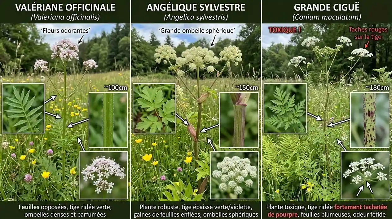 Valériane, angélique et grande ciguë : comment les distinguer visuellement Comparaison botanique entre la valériane officinale (Valeriana officinalis), l'angélique sylvestre (Angelica sylvestris) et la grande ciguë toxique (Conium maculatum) : feuilles, tiges et ombelles côte à côte pour identifier chaque plante