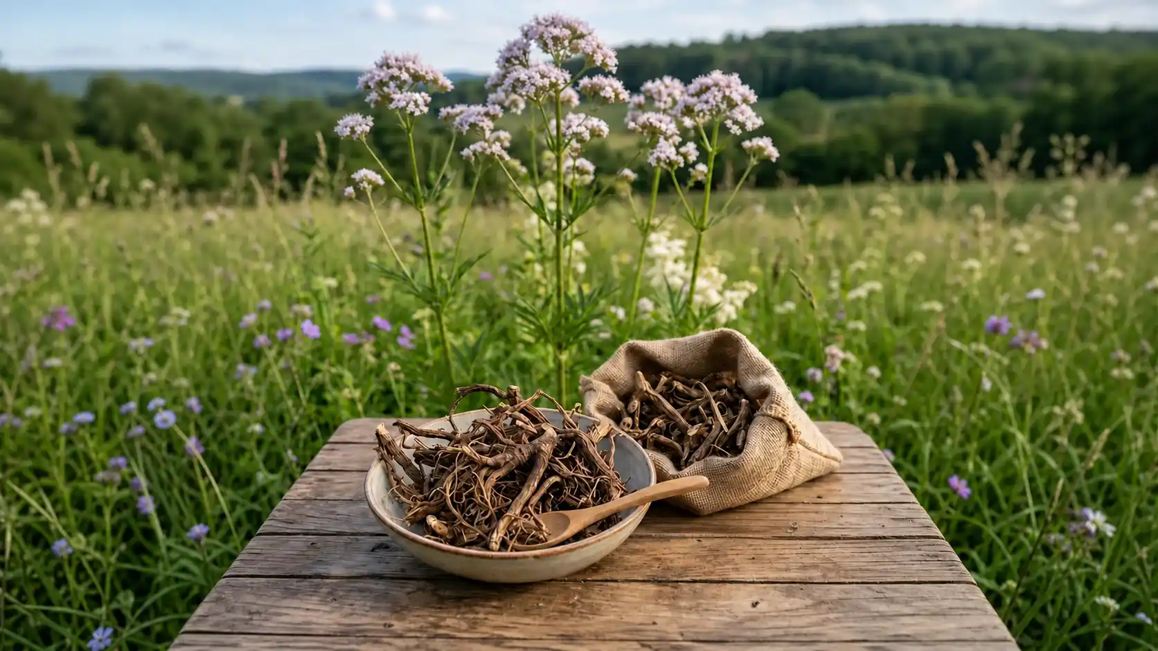 Valériane officinale Valeriana officinalis : bienfaits sommeil, tisane et propriétés médicinales Valériane officinale (Valeriana officinalis) en floraison : grandes tiges portant des corymbes de petites fleurs blanc rosé, avec vue sur le rhizome et les racines séchées utilisés en phytothérapie
