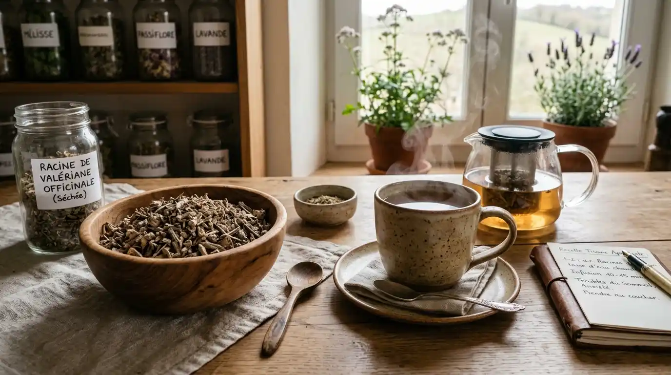 Valériane tisane : préparation et posologie pour le sommeil et l'anxiété Racine séchée de valériane officinale dans un bol en bois et tasse d'infusion prête à boire : préparation d'une tisane médicinale pour les troubles du sommeil et l'anxiété