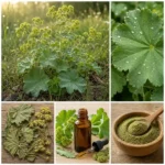 Collage Alchemilla vulgaris : plante en habitat naturel, feuilles plissées avec gouttes de rosée, parties séchées, teinture mère et infusion — alchémille médicinale bienfaits