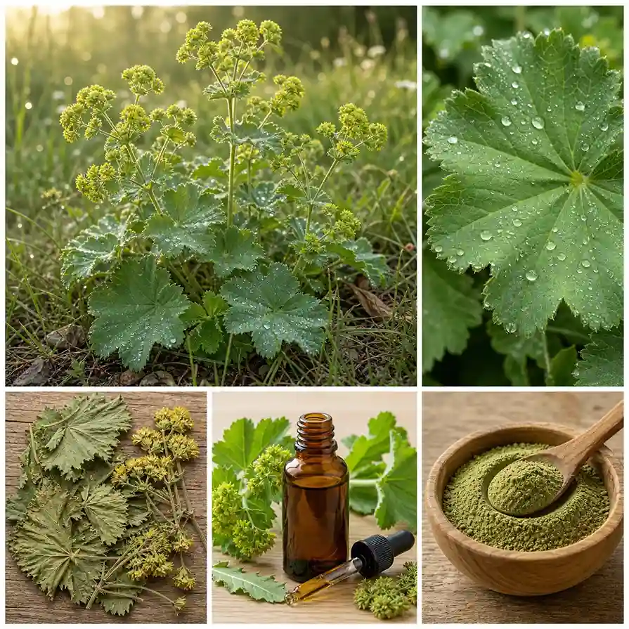 Collage Alchemilla vulgaris : plante en habitat naturel, feuilles plissées avec gouttes de rosée, parties séchées, teinture mère et infusion — alchémille médicinale bienfaits