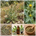 Chardon béni (Cnicus benedictus) : illustration botanique montrant la plante fraîche, les parties séchées, la teinture mère et la poudre bienfaits digestifs, usage traditionnel pour la lactation et contre-indications.