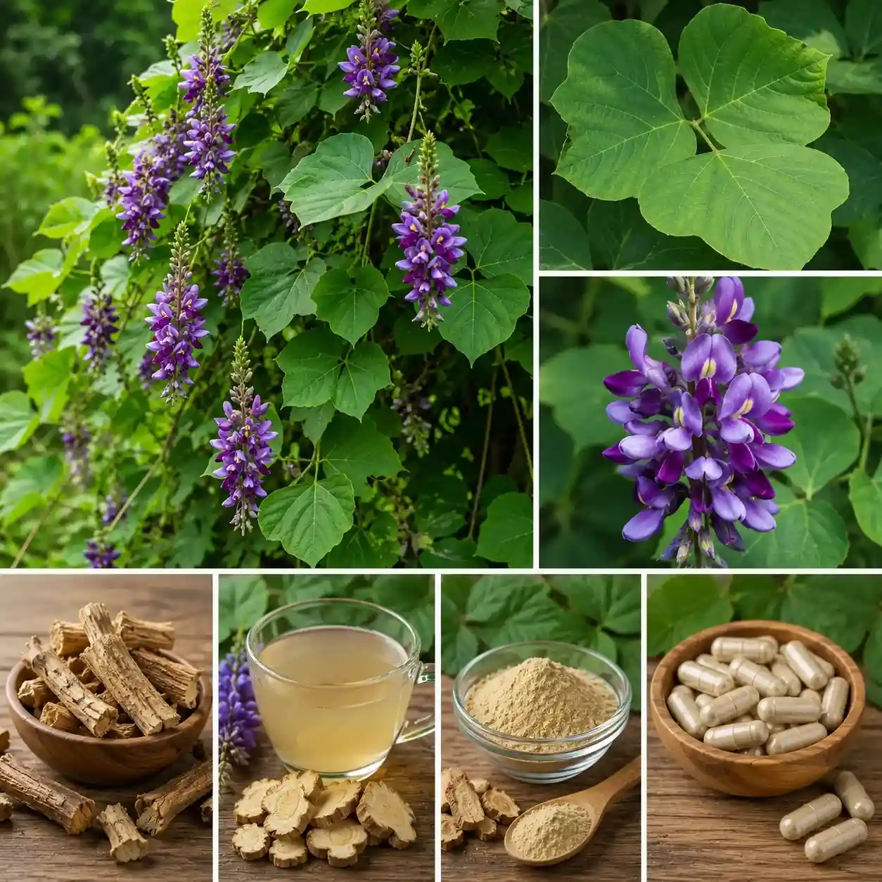 Montage botanique du kudzu (Pueraria lobata) montrant la plante grimpante en fleur violette, les feuilles, la racine séchée, une infusion, la poudre et des gélules d’extrait sec
